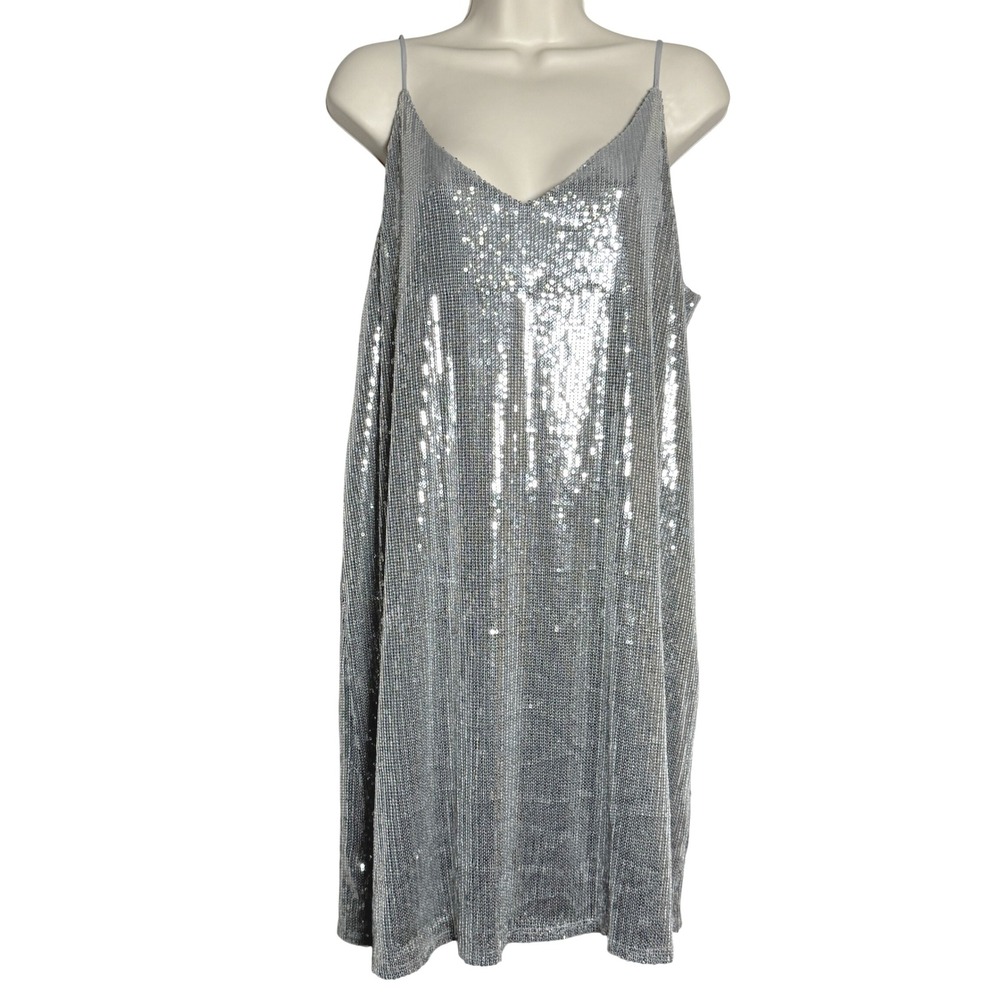 A New Day Womens Sequin Mini Dress L Silver Tank Strappy New Years Event Holiday